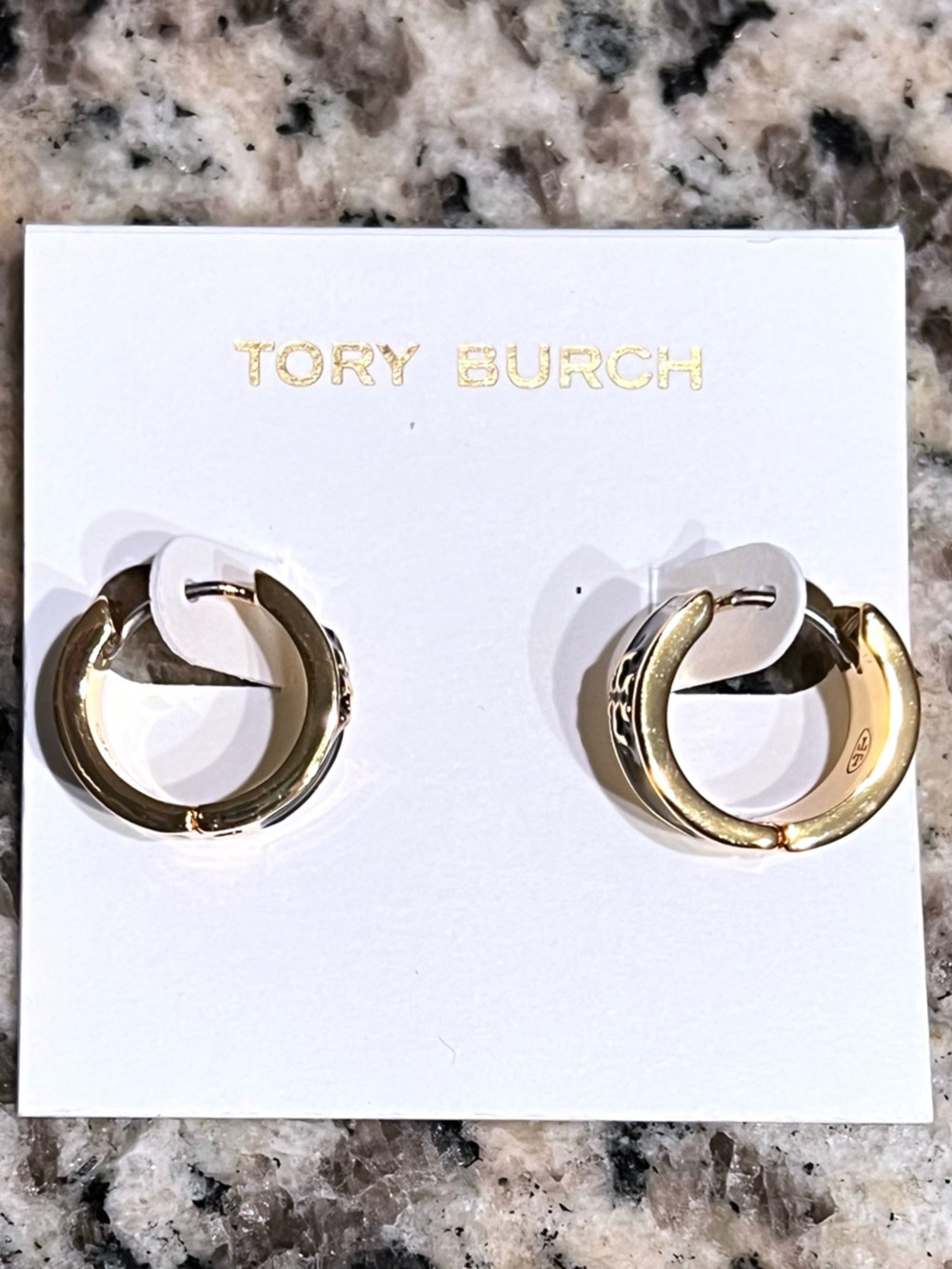 Tory Burch Kira Black Logo Huggie Hoop Earrings In 18K Gold Plated - Picture 4 of 5
